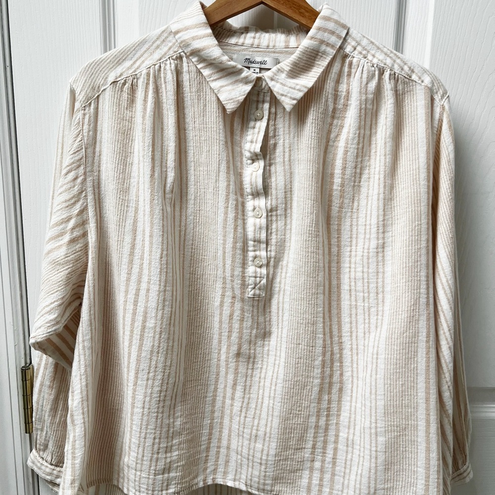 Madewell Gauze Popover Shirt Drop-Shoulder M White Mix Stripe Earthen Flowy - Picture 3 of 10